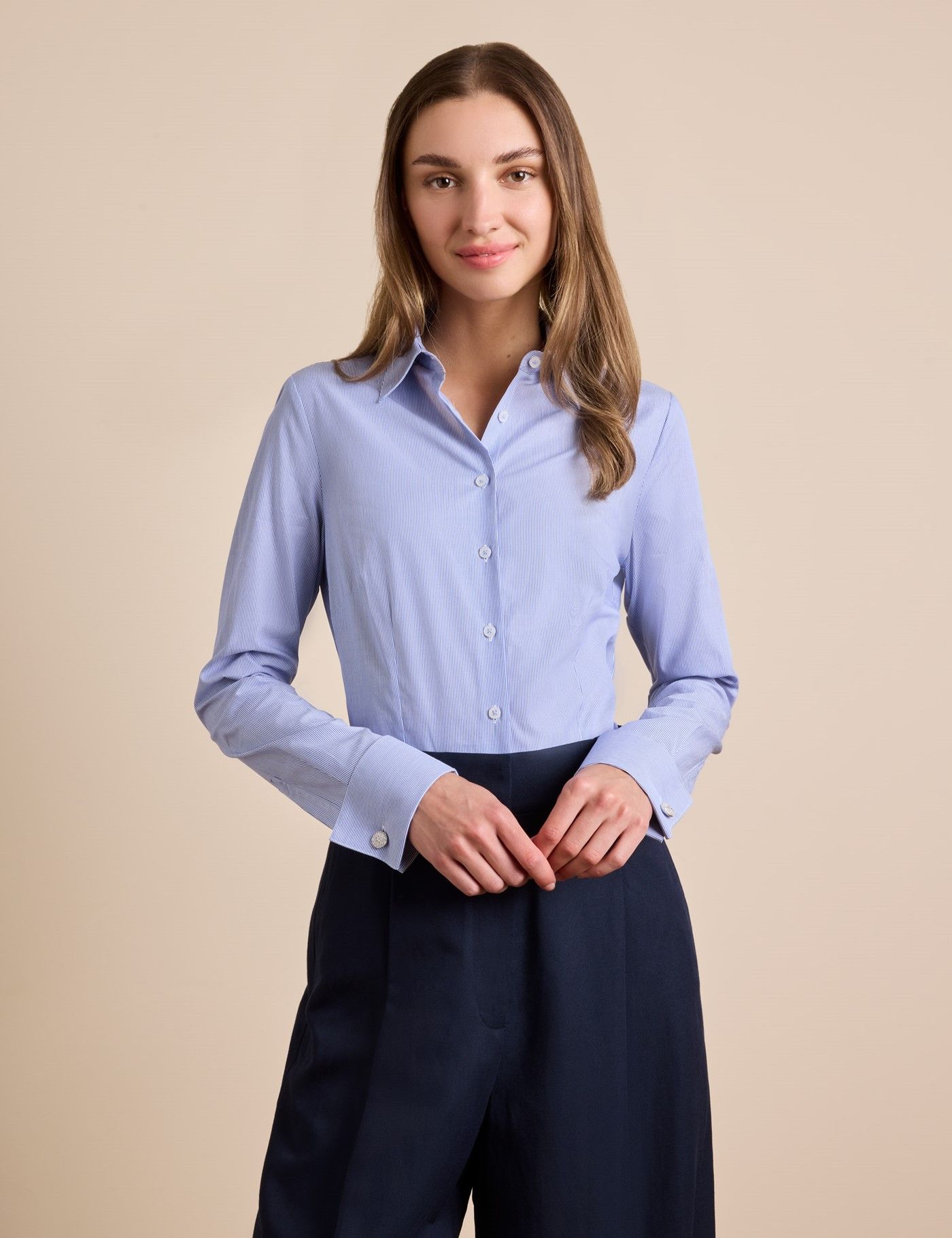 Women's Blue & White Fine Stripe Fitted Shirt - Double Cuffs
