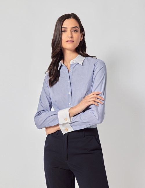 Executive White & Blue Fine Stripe Fitted Shirt - White Collar and Cuffs