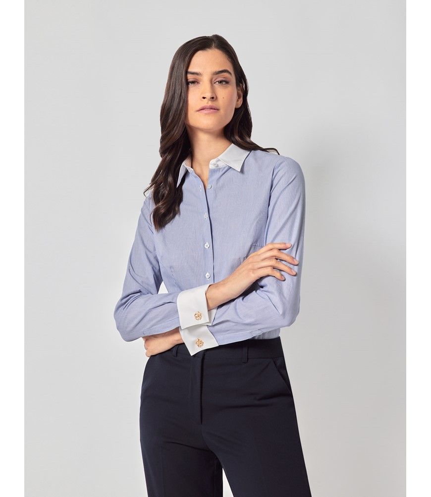 Women's Executive White & Blue Fine Stripe Fitted Shirt Women's Executive White & Blue Fine Stripe Fitted Shirt