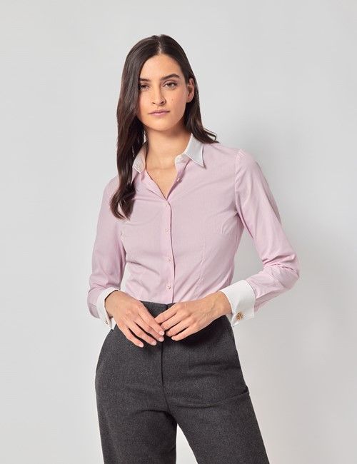 Executive White & Pink Fine Stripe Fitted Shirt - White Collar and Cuffs