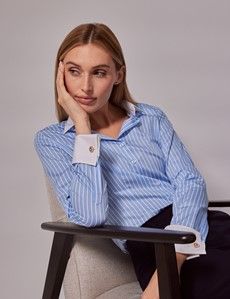 Executive Blue & White Fine Stripe Fitted Shirt - White Collar and Cuffs