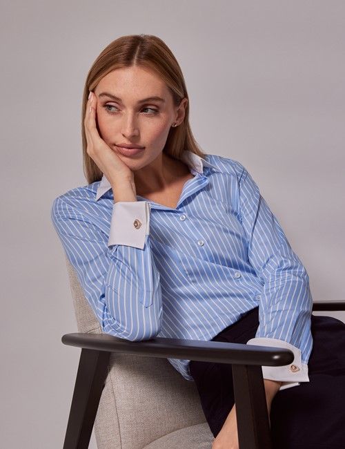 Executive Blue & White Fine Stripe Fitted Shirt - White Collar and Cuffs