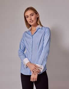 Executive Blue & White Fine Stripe Fitted Shirt - White Collar and Cuffs-preview2