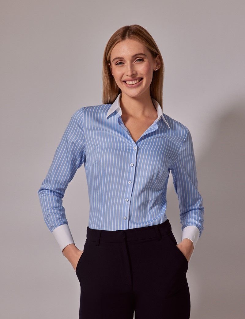 Women s Executive Blue White Fine Stripe Fitted Shirt White Collar and Cuffs Hawes and Curtis