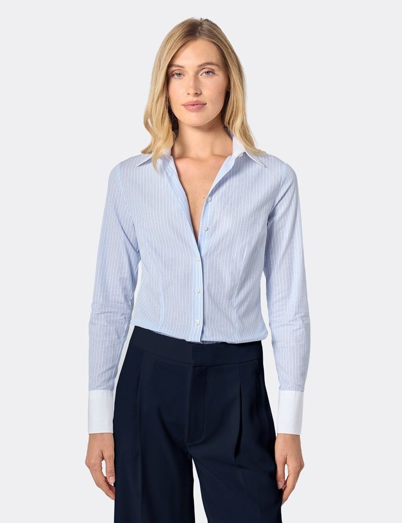 Fitted White & Blue Fine Stripe Shirt