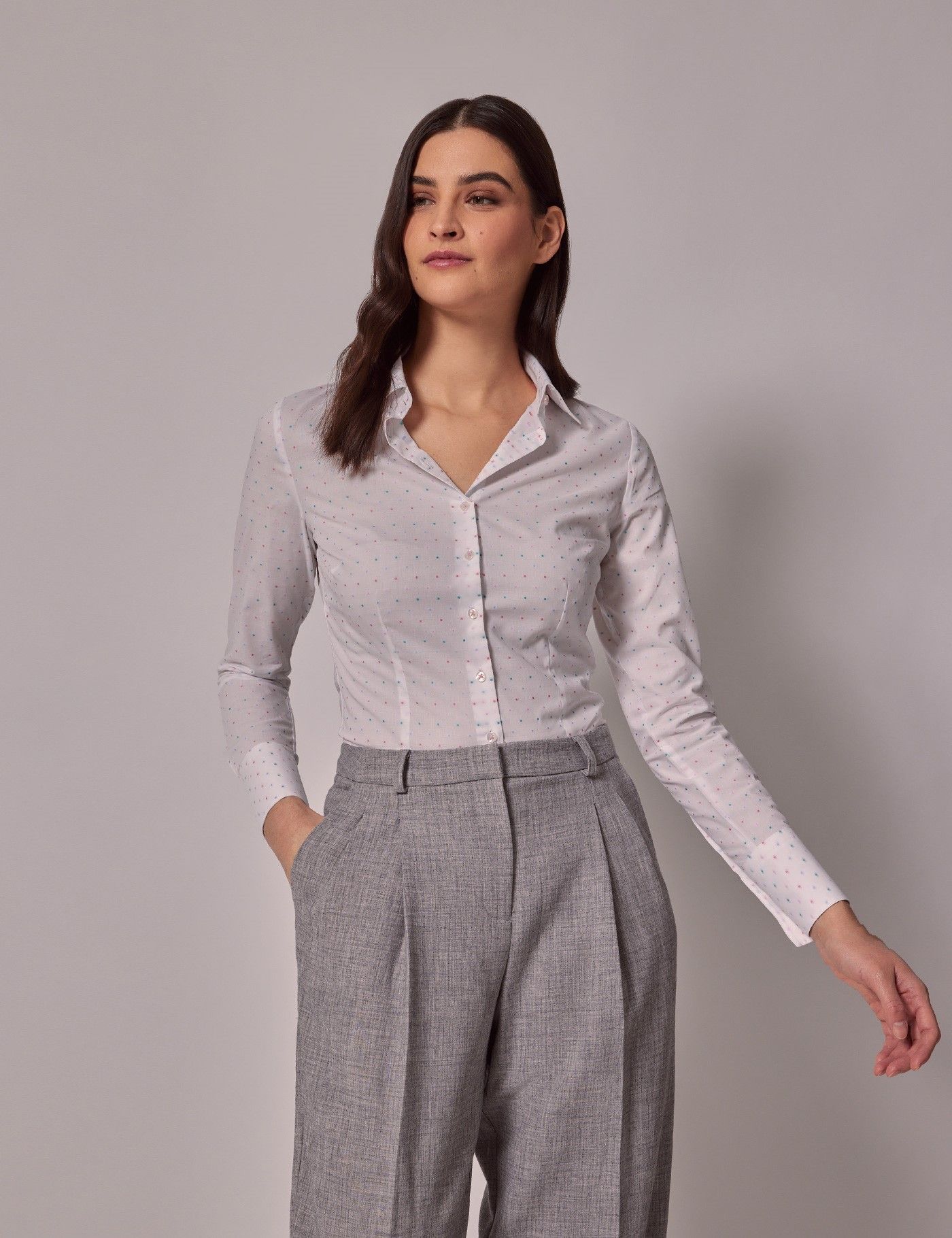 White & Pink Dobby Spots Fitted Cotton Shirt