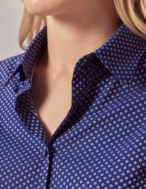 Navy & Pink Floral Dobby Cotton Fitted Shirt-preview
