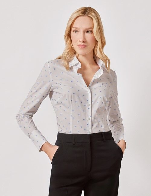 White & Blue Spot Dobby Cotton Fitted Shirt