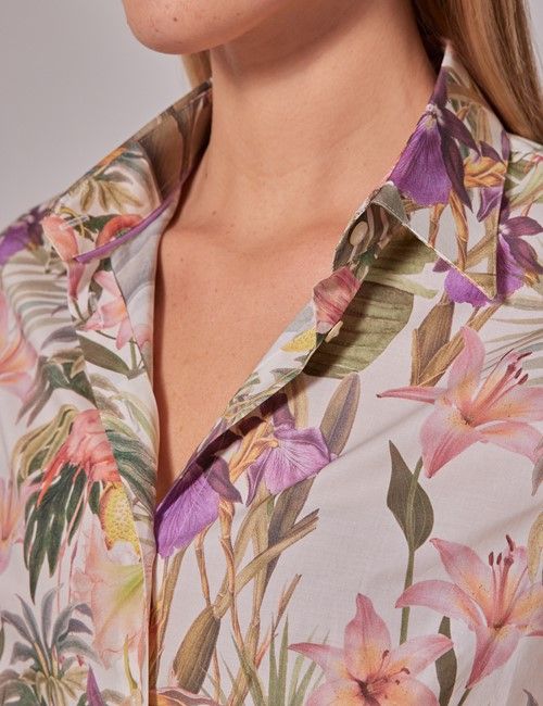White & Green Floral Flamingo Fitted Shirt-preview