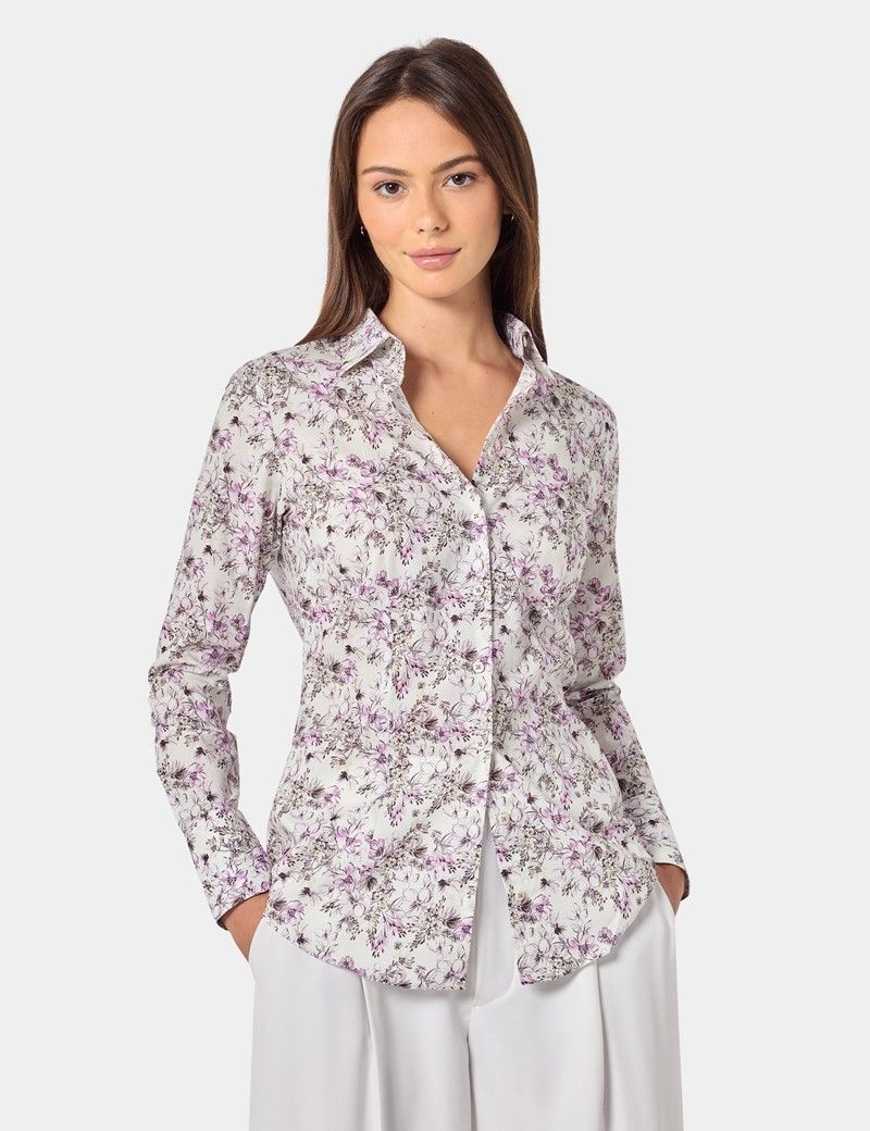 Fitted Cream & Purple Floral Shirt