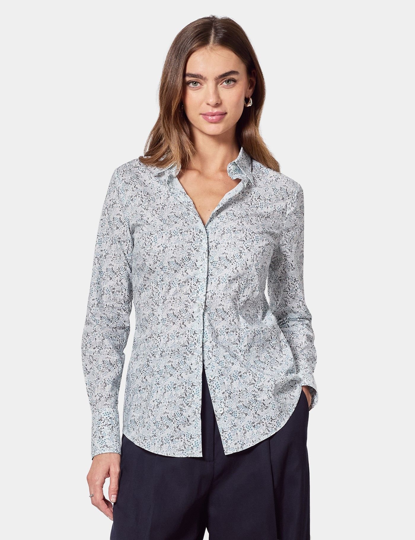 Fitted White & Light Blue Floral Shirt