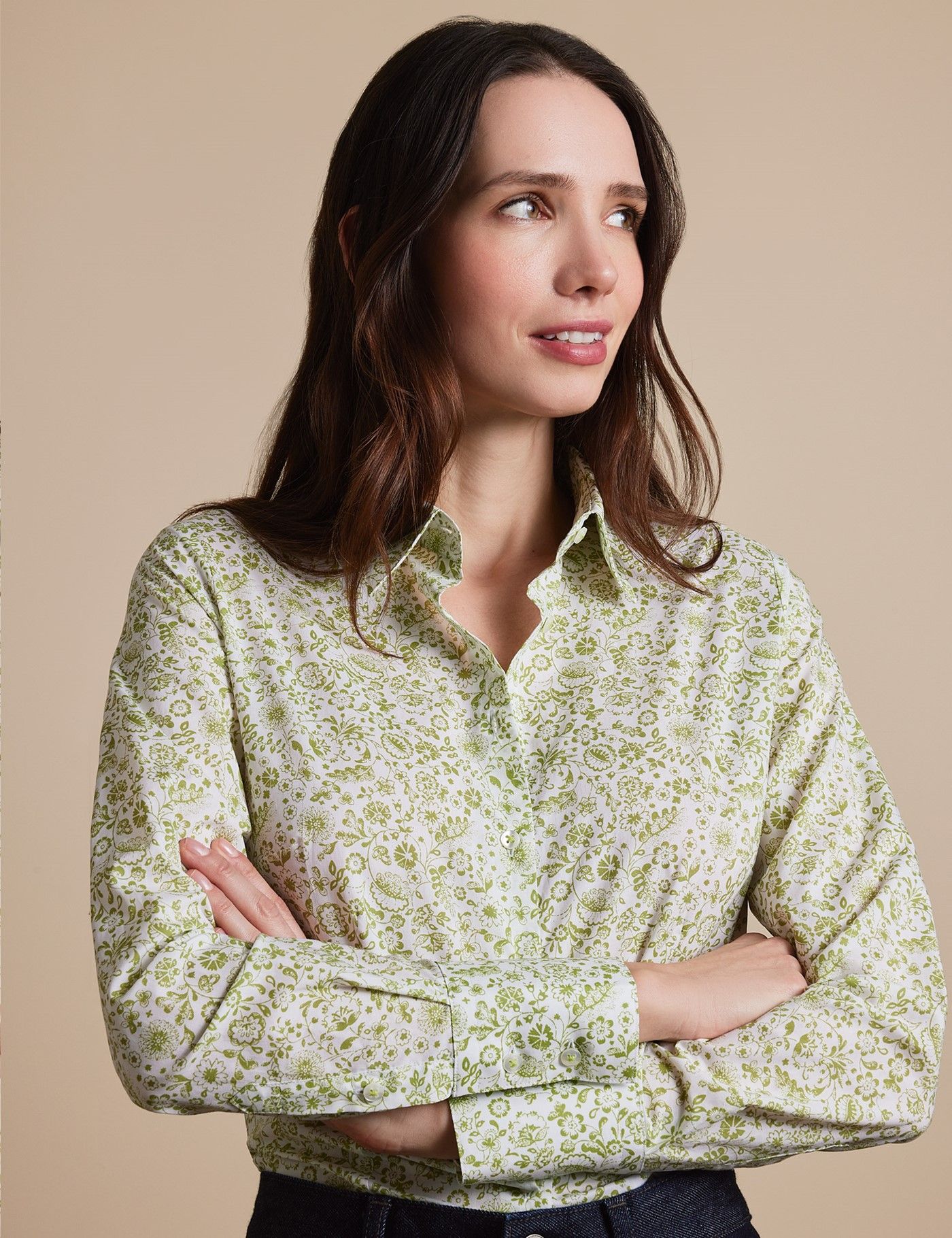 Cream & Black Floral Semi-Fitted Cotton Shirt