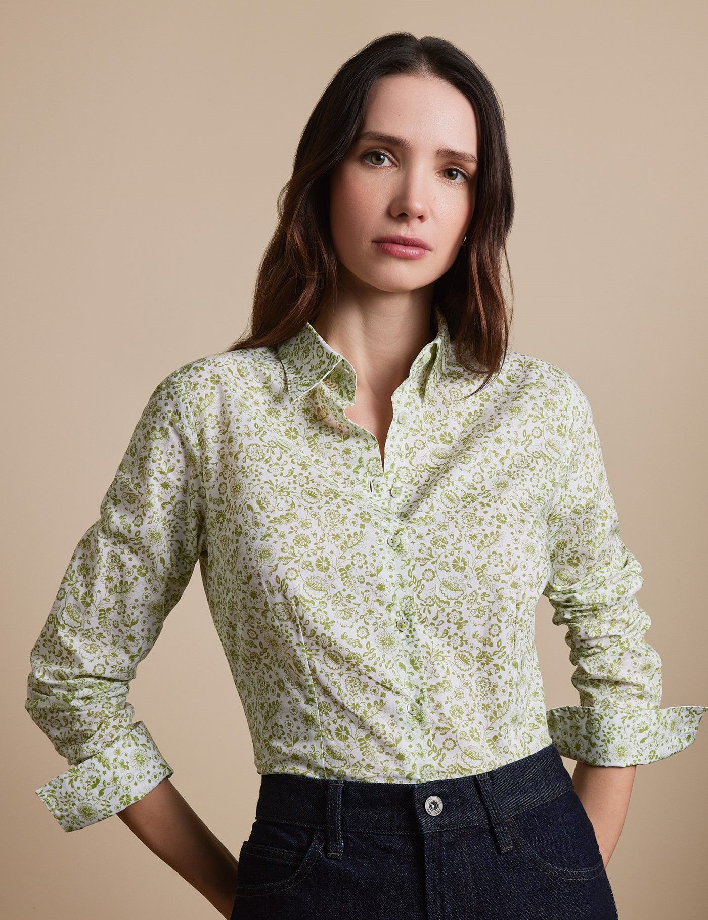 Cream & Black Floral Semi-Fitted Cotton Shirt