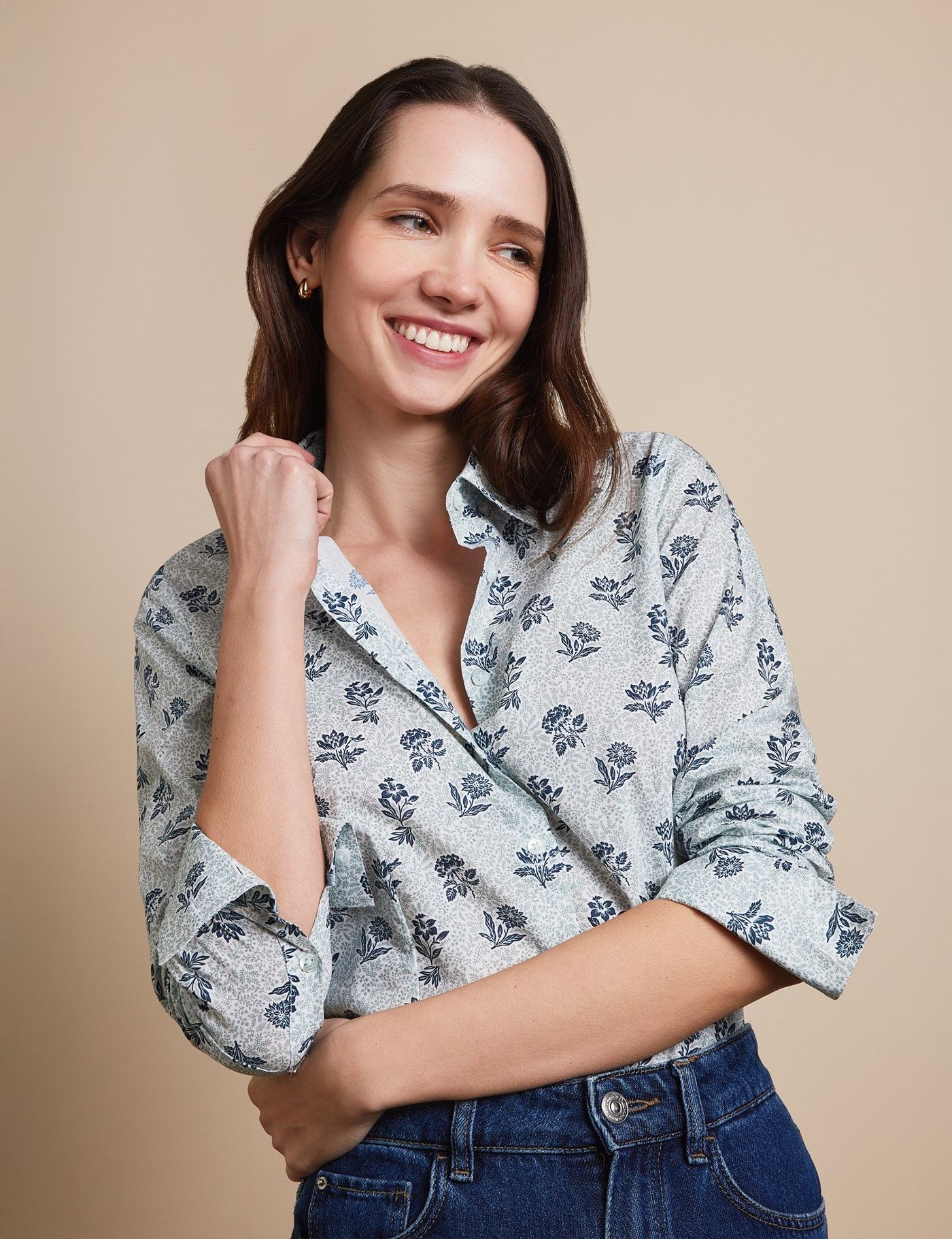 Cream & Black Floral Semi-Fitted Cotton Shirt