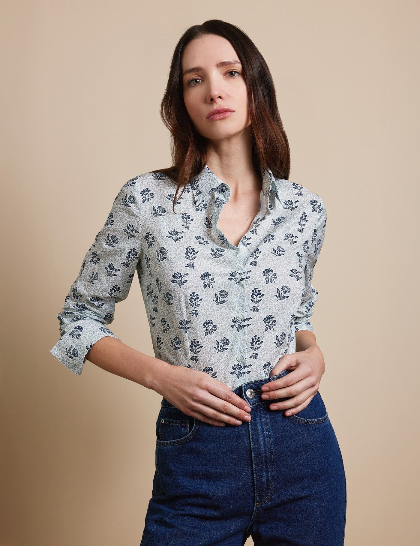 Cream & Black Floral Semi-Fitted Cotton Shirt