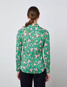 Women's Green & Pink Mini Bouquets Fitted Shirt - Single Cuff