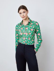 Women's Green & Pink Mini Bouquets Fitted Shirt - Single Cuff