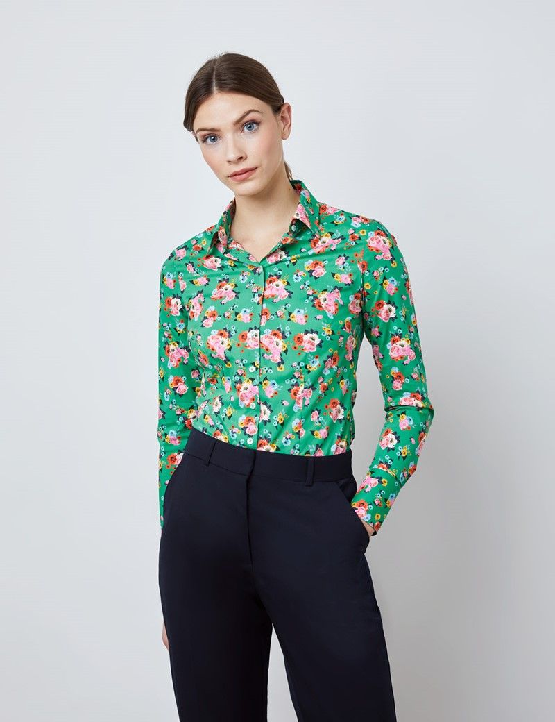 Women's Green & Pink Mini Bouquets Fitted Shirt - Single Cuff