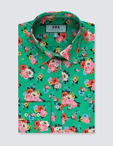 Women's Green & Pink Mini Bouquets Fitted Shirt - Single Cuff