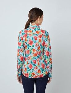 Women’s Light Blue & Red Vintage Blossom Floral Print Fitted Shirt