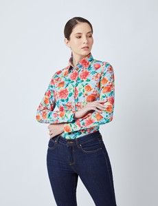 Women’s Light Blue & Red Vintage Blossom Floral Print Fitted Shirt