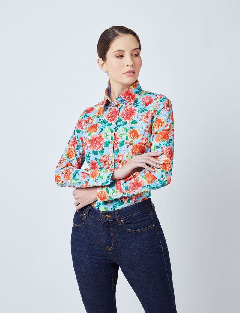 Women’s Light Blue & Red Vintage Blossom Floral Print Fitted Shirt