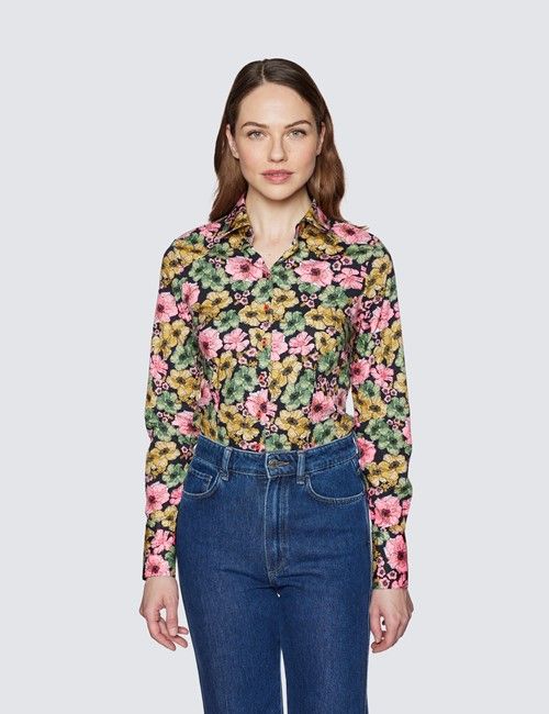 Women's Black & Pink Floral Print Fitted Cotton Stretch Shirt
