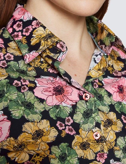 Women's Black & Pink Floral Print Fitted Cotton Stretch Shirt-preview