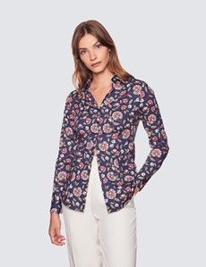 Women's Navy & Pink Floral Fitted Cotton Stretch Shirt-preview2