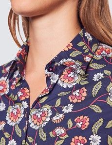 Women's Navy & Pink Floral Fitted Cotton Stretch Shirt-preview1