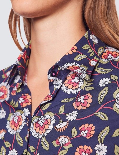 Women's Navy & Pink Floral Fitted Cotton Stretch Shirt-preview