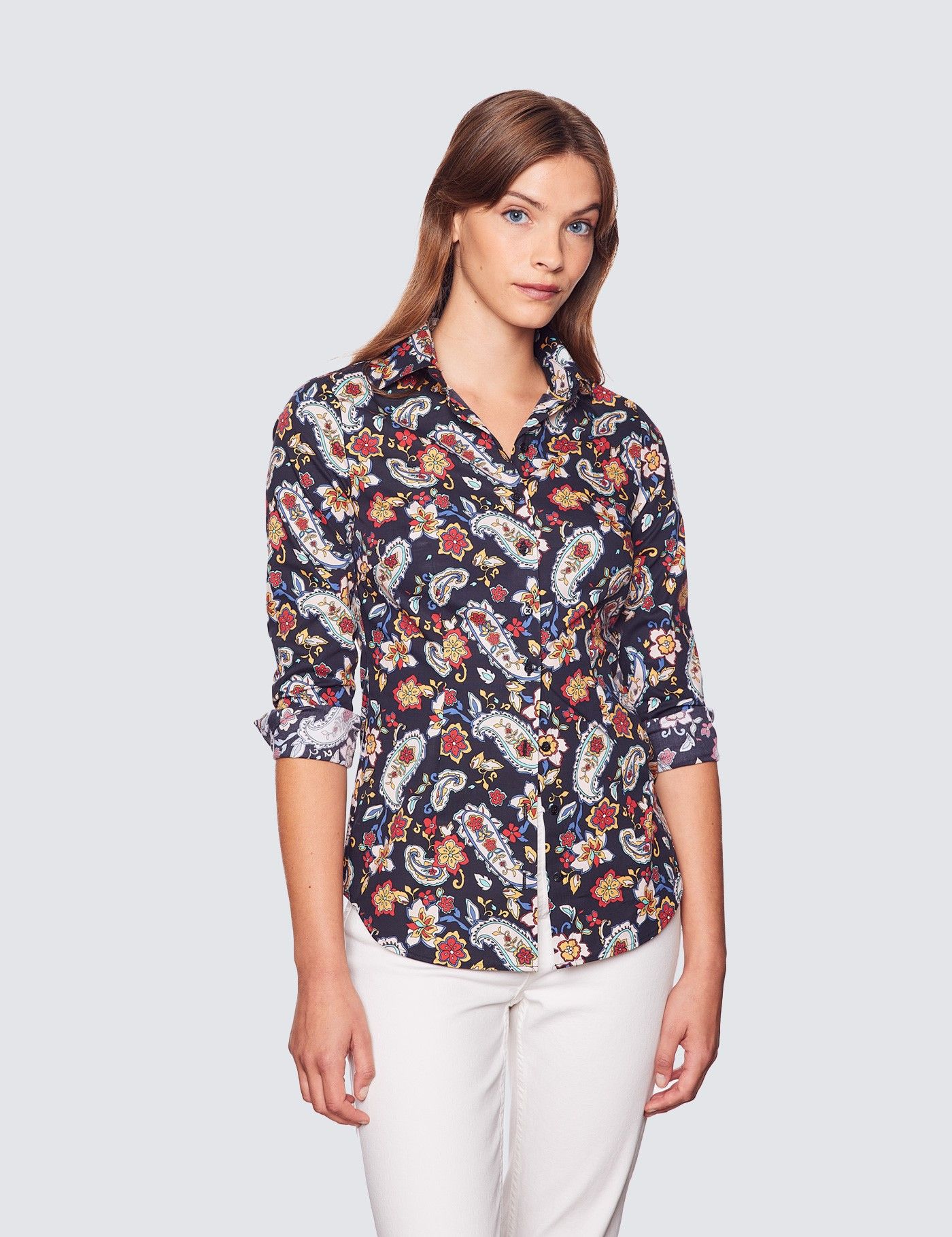 Women's Black & Red Paisley Fitted Cotton Stretch Shirt