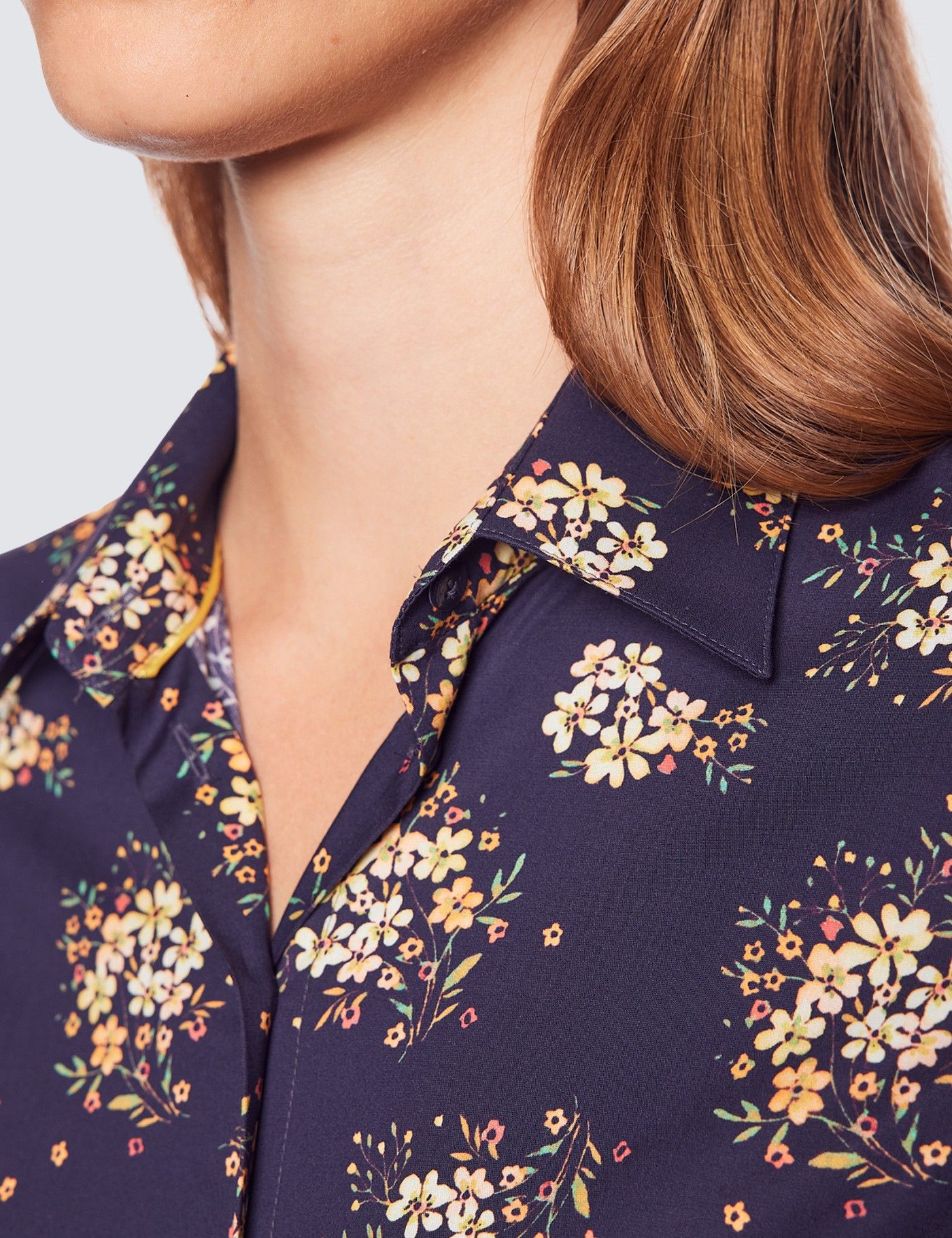 Women's Navy & Yellow Floral Fitted Cotton Stretch Shirt-preview