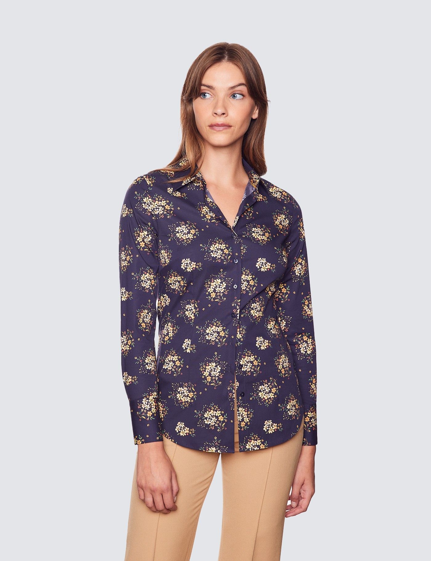 Women's Navy & Yellow Floral Fitted Cotton Stretch Shirt