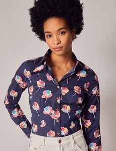 Navy & Pink Floral Print Fitted Cotton Stretch Shirt-preview1