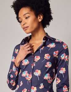 Navy & Pink Floral Print Fitted Cotton Stretch Shirt-preview5