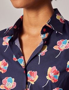 Navy & Pink Floral Print Fitted Cotton Stretch Shirt-preview2