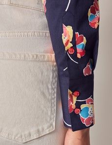 Navy & Pink Floral Print Fitted Cotton Stretch Shirt-preview3