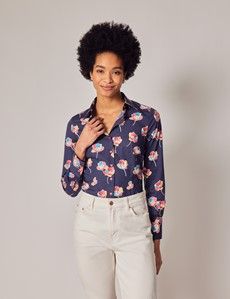 Navy & Pink Floral Print Fitted Cotton Stretch Shirt-preview4