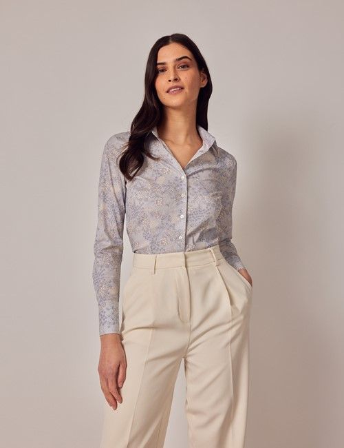 Blue & Cream Floral Fitted Cotton Stretch Shirt