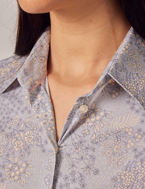 Blue & Cream Floral Fitted Cotton Stretch Shirt-preview