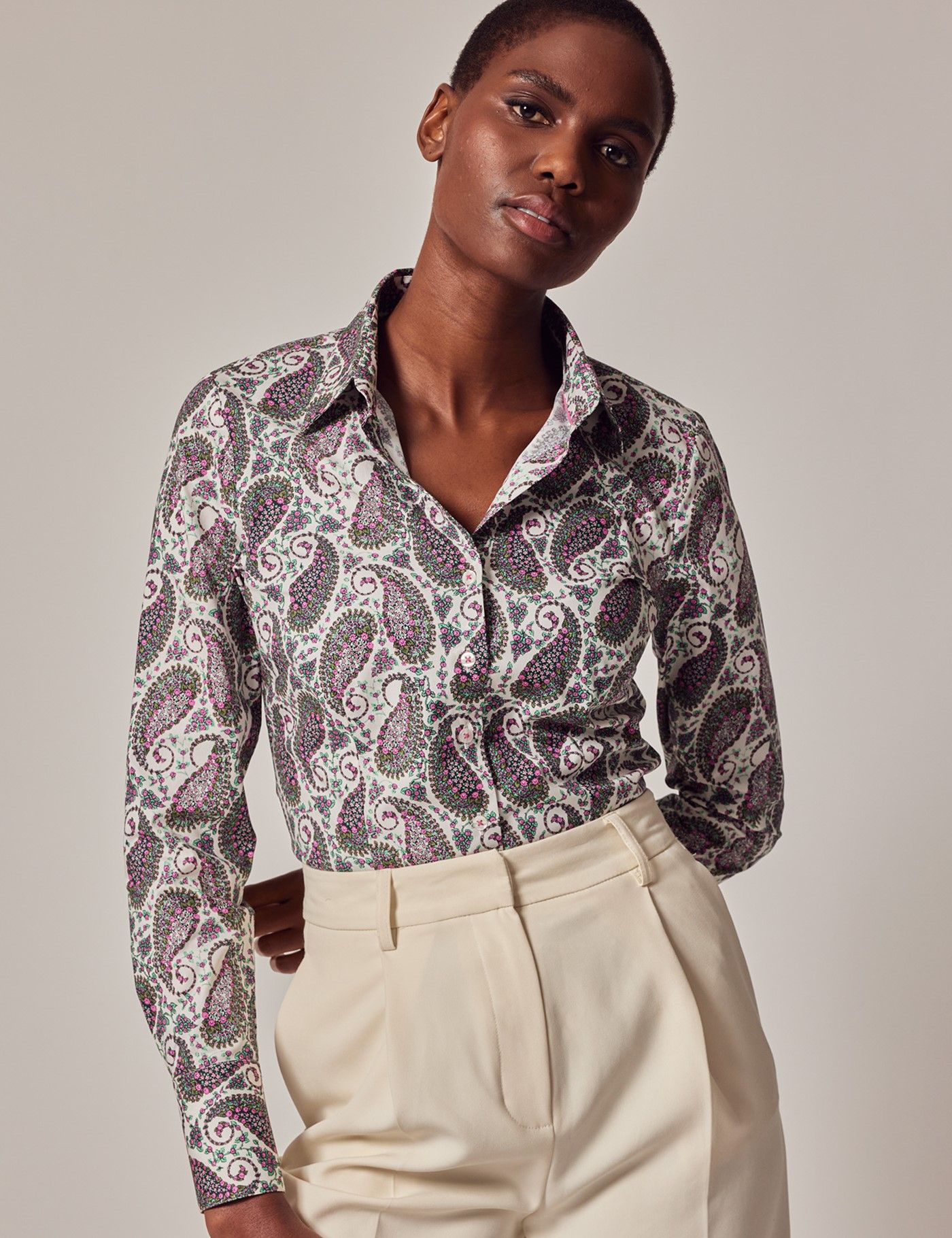 White & Pink Paisley Fitted Cotton Stretch Shirt