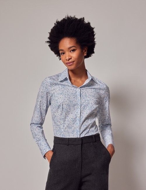 Blue & White Floral Ditsy Fitted Cotton Stretch Shirt
