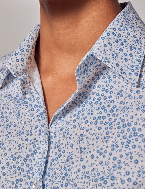 Blue & White Floral Ditsy Fitted Cotton Stretch Shirt-preview