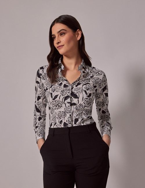 White & Black Floral Fitted Cotton Stretch Shirt