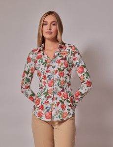 White & Red Floral Butterfly Fitted Cotton Stretch Shirt-preview2