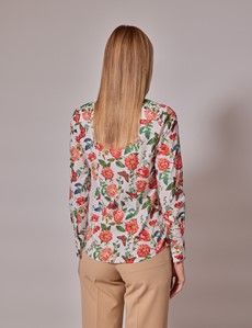White & Red Floral Butterfly Fitted Cotton Stretch Shirt-preview4