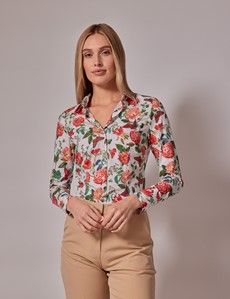 White & Red Floral Butterfly Fitted Cotton Stretch Shirt-preview5