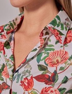 White & Red Floral Butterfly Fitted Cotton Stretch Shirt-preview1