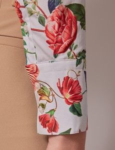 White & Red Floral Butterfly Fitted Cotton Stretch Shirt-preview3